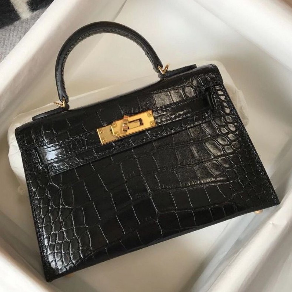 High Quality Replica Hermes Kelly Mini II Bag In Black Embossed Crocodile Leather $ 329 USD