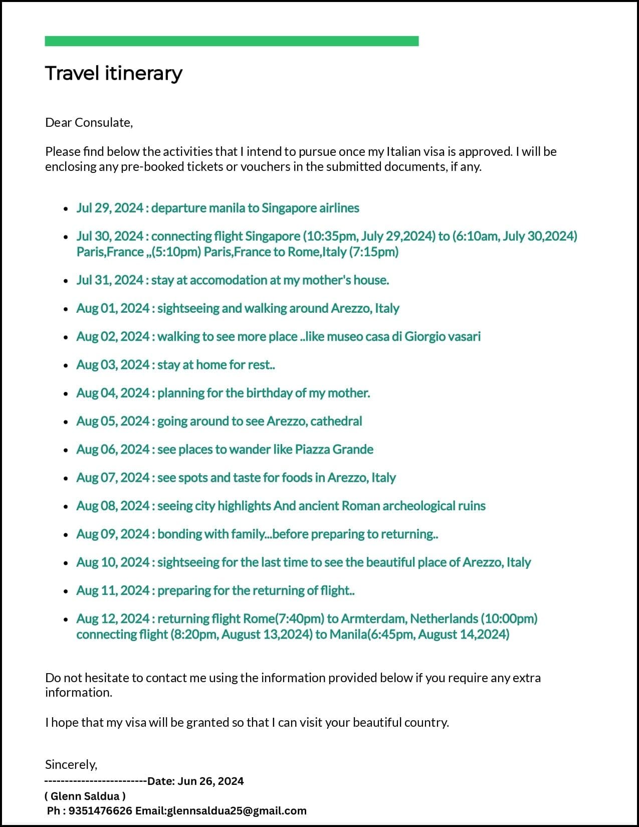 Travel Itinerary for Visa