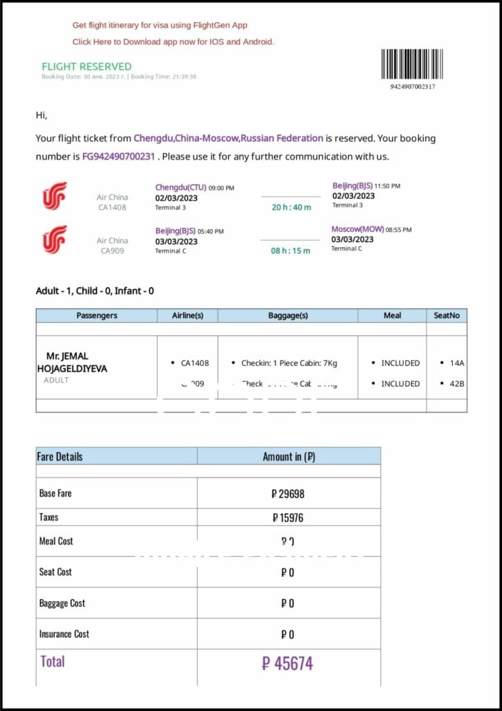 Dummy Flight Ticket for Visa